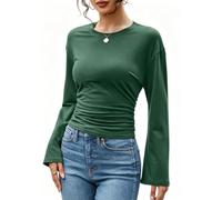 HOTIAN Langarmshirts für Damen Elegant Rundhals Oberteile Tops Einfarbig Basic Tee Tops mit Glockenärmeln Slim Fit Y2K Pullover Wickelbluse Oberteile