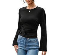 HOTIAN Langarmshirts für Damen Elegant Rundhals Oberteile Tops Einfarbig Basic Tee Tops mit Glockenärmeln Slim Fit Y2K Pullover Wickelbluse Oberteile