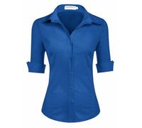 Hotouch Bluse Damen 3/4 Ärmel Slim Fit Hemd Sommer Hemdbluse Baumwolle Basic Shirt Business Blusen V-Ausschnitt Damenbluse Tops mit Knopleiste Dunkelblau XXL