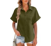 Hotouch Bluse Damen Kurzarm Hemden Sommer Elegant Blusen Plissierte Hemdbluse Modern Kurzarmhemd V-Ausschnitt Blusenshirt Grün XXL
