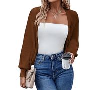 Hotouch Bolero Damen Festlich Langarm Strickjacke Elegant Cardigan Open Front Shrugs Kurz Leichte Jäckchen Boleros Strick Bolerojacke Schulterjacke für Kleider Casual Einfabig Braun M