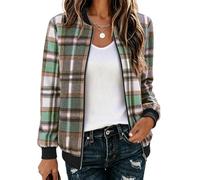 Hotouch Bomberjacke Damen Karierte Blouson Jacke Leichte Übergangsjacke | Langarm Kurzjacke | Zip Up Jacken | Casual Karojacke | Dünne Flanellhemd | College Jacke | Herbst/Winter mit Taschen S-XXL