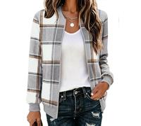 Hotouch Bomberjacke Damen Karierte Blouson Jacke Leichte Übergangsjacke | Langarm Kurzjacke | Zip Up Jacken | Casual Karojacke | Dünne Flanellhemd | College Jacke | Herbst/Winter mit Taschen S-XXL