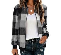 Hotouch Bomberjacke Damen Karierte Blouson Jacke Leichte Übergangsjacke | Langarm Kurzjacke | Zip Up Jacken | Casual Karojacke | Dünne Flanellhemd | College Jacke | Herbst/Winter mit Taschen S-XXL