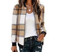 Hotouch Bomberjacke Damen Karierte Blouson Jacke Leichte Übergangsjacke | Langarm Kurzjacke | Zip Up Jacken | Casual Karojacke | Dünne Flanellhemd | College Jacke | Herbst/Winter mit Taschen S-XXL