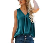 Hotouch Damen Satin Top Elegant Seidentop Basic Blusentops Lässige V-Ausschnitt Cami Casual Tanktops Ärmellose Satinbluse Work Top Blau-Grün S