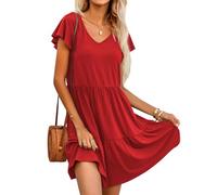 Hotouch Damen Sommerkleider V-Ausschnitt Kurzarm Kleider Rüschen Freizeitkleider Einfarbig Strandkleider Elegant A-Linie Casual Kleid Rot XXL