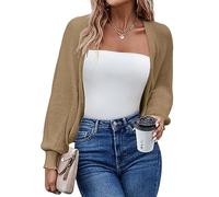 Hotouch Damen Strickjacke Cardigan Kurz Bolero Damen Festlich Kurz Elegant Open Front Shrugs Langarm Leichte Jäckchen Boleros Strick Bolerojacke Schulterjacke Cocktail Party Khaki S