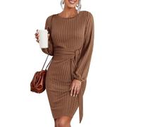 Hotouch Damen Strickkleid Herbst Pulloverkleider Elegant Lässig Pullikleid Einfarbig Bleistiftkleid Winter Midi Herbst Braun XL