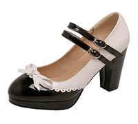 HOTRA Damen Rockabilly Pumps Mary Janes mit Schleife Retro Schuh mit Runder Zehenpartie und Knöchelriemen Oxford Plateauschuhe (Color : Schwarz, Size : 37 EU)