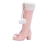 HOTRA Frauen Mary Jane Kniehohe Stiefel Schnürschleife Lolita Plateaustiefel mit Dickem Absatz Warme Schuhe aus Kunstpelz (Color : Pink, Size : 42 EU)