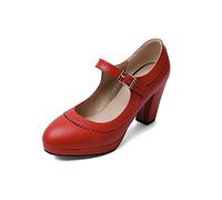 HOTRA Mary Jane Oxford Pumps Oxfords mit Runde Spitze und Mittelhohem Absatz Abendschuhe Retro Plateau Rockabilly Schuh mit Knöchelriemen (Color : Rot, Size : 40 EU)