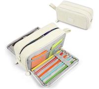 HOTUT Federmäppchen Mäppchen,Schlamperbox Cord-Stoff mit 3 Fächer Federtasche,Große Kapazität Stiftetasche Federmäppchen mit Tragegriff,Pencil Case Schulmäppchen für Schule,Büro,Teenager(Beige)