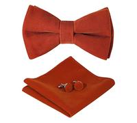 HOULIFE Fliege Herren Set - Verstellbare Fliege aus Samt Vorgebunden Fliege, einfarbige Einstecktuch, Manschettenknöpfe Set für Bräutigam Hochzeit formal mit Geschenkbox, ziegelrot