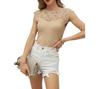 Hount Damen Top Spitzen Bluse Rundhals Elegant Shirt Armellos Blusentop Sommertop (S, Khaki)