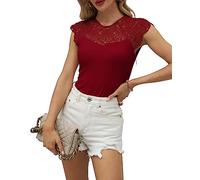Hount Damen Vintage T-Shirt Top mit Spitze Body Elegant Blusentop Rundhals Flügelärmel Oberteil (XL, Weinrot)