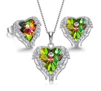 House of Louisa Damen Schmuckset Halskette und Ohrringe Silber 925 Engelsflügel Herz Anhänger Kristall von Swarovski silver/green