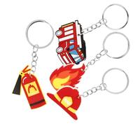 Housoutil 4 Stück pack Feuerwehr Schlüsselanhänger Cartoon mit Feuerwehrauto Feuerwehrhelm Löschschlauch und Feuerlöscher Kleine Dekorative Anhänger für Rucksack Tasche und Geschenk