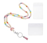 Housoutil Holzperlen Lanyard mit Quaste Ausweishalter Satz mit 2 Transparenten Kartenhüllen und Metall Schlüsselring Boho Stil Schlüsselband für Pflegekräfte Lehrer und Mitarbeiter