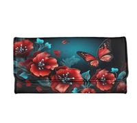 Howilath Damen-Geldbörse, Blumenmuster, Tiere, Hund, Eule, Schmetterling, bedruckt, lange Geldbörse, schmale Designer-Geldbörse, dreifach gefaltet, lange Geldbörse, Rote Schmetterlingsblume, Medium