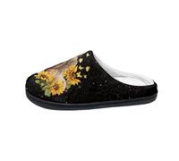 Howilath Pferde Winter Hausschuhe für Frauen Sonnenblume Blume Schmetterling Indoor Outdoor Hausschuhe florale Motte schwarze Hausrutschen-42-43