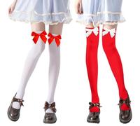 Hpbaggy 2 Paar Overknees Strümpfe Damen mit Schleife,Kniestrümpfe Damen Weiß Rote,Sexy Halterlose Strümpfe mit Schleifen,Schulmädchen Outfit Frau,Kniestrümpfe für Valentinstag, Karneval, Weihnachten