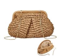 Hperu Bast, Damen-Umhängetasche aus Stroh mit gewebtem Knödel-Design, Strand-Umhängetasche für Sommer-Hochzeitsfeiern (Khaki)