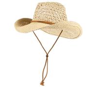 Hperu Sommerlicher Cowboyhut aus Stroh für Damen und Herren, hohler Cowboyhut, Strandhut für Herren mit Kinnriemen, breite Krempe, Sonnenhüte für draußen, Beige