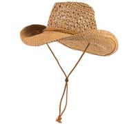 Hperu Sommerlicher Cowboyhut aus Stroh für Damen und Herren, hohler Cowboyhut, Strandhut für Herren mit Kinnriemen, breite Krempe, Sonnenhüte für draußen, Khaki