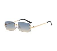 HPIRME Luxuriöse, trendige, rechteckige, rahmenlose Sonnenbrille mit Metallbeinen für Damen und Herren aus Glas, UV400 (Gold/Blau)