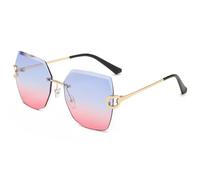 HPIRME Luxuriöse, übergroße Sonnenbrille für Damen, Outdoor-Stil, Vintage-Rahmen ohne Rand und mit Farbverlauf aus Metall (Blau-Rosa)
