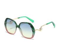 HPIRME Trendige, übergroße, polygonale Sonnenbrille aus Metall mit Perlenmuster für Damen und Herren, ideal für Reisen und Partys, UV-Schutz 400 (Grün, Grau, Tee)