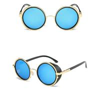 HPIRME Vintage runde Steampunk-Sonnenbrille zum Hochklappen, doppellagige Clamshell-Sonnenbrille, 4, Gold, Blau, Einheitsgröße