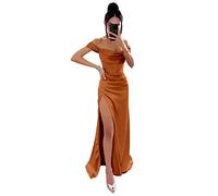 HPPEE Ballkleid, schulterfrei, lang, ärmellos, Meerjungfrau-Korsett, Satin, Hochzeitsgäste, Kleid mit Schlitz für Damen, burnt orange, 36