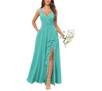 HPPEE Damen Brautjungfernkleid mit V-Ausschnitt, Chiffon, mit Schlitz, gerüschten Taschen, A-Linie, Abendkleid, formelles Partykleid, türkis, 34