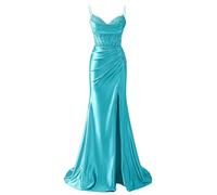 HPPEE Damen Satin-Abendkleider mit Schlitz, Spitzenapplikationen, V-Ausschnitt, Spaghettiträger, formelles Abendkleid, türkis, 34