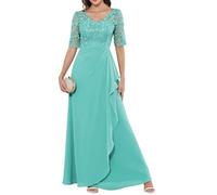 HPPEE Damenkleid mit Spitzenapplikation, Chiffon, für die Brautmutter mit Ärmeln, gerüscht, V-Ausschnitt, formelles Kleid, Abendkleid, türkis, 34