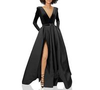 HPPEE Hochzeitskleid, langärmelig, V-Ausschnitt, elegant, bodenlang, A-Linie, Abendkleid, Ballkleid für Junioren, Schwarz , 48