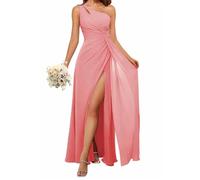 HPPEE Schulterfreies Brautjungfernkleid mit Schlitz, langes formelles Chiffon-Kleid für Damen, korallenrot, 36