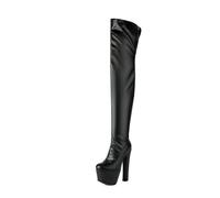 HQINGAXU Damen Elegante Thigh High Stiefel Mit Block-Chunky-Absatz Runder Zeh Plattform Hohe Absätze Over-The-Knee-Stiefel Winter Motorrad Stiefel Aus Lackleder Combat Boots,Schwarz,46 EU