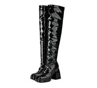 HQINGAXU Damen Over-The-Knee Stiefel Quadratspitze Schwarze Lederstiefel Blockabsatz Winter Plateausohle Wasserfest Seitlicher Reißverschluss Große Größen Lange Lackstiefel
