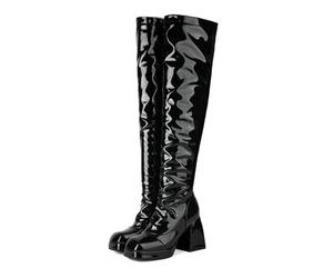 HQINGAXU Damen Over-The-Knee Stiefel Quadratspitze Schwarze Lederstiefel Blockabsatz Winter Plateausohle Wasserfest Seitlicher Reißverschluss Große Größen Lange Lackstiefel