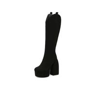 HQINGAXU Damen Stiefel Mit Chunky Heel Plateausohle Kniehoch Runde Zehen Lässig Smart Party-Stiefel Stretchig Breite Waden Plus-Size Long Reitstiefel