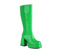 HQINGAXU Damen Stiefeletten Runder Spitze Plateau-Stiefel Lackleder Weite Waden Kniehohe Stiefel Seitlichem Reißverschluss Chunky Heel Stretch-Boots Modische Lange Kampfstiefel,Grün,48 EU