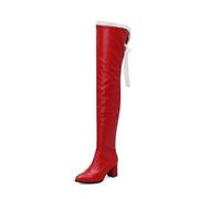 HQINGAXU Damenstiefel Spitzer Zehe Dehnbar Lackleder Patchwork-Lace-Design Lange Bis Zum Oberschenkel Seitlichem Reißverschluss Chunky High Heels Ideal Tanz Outdoor-Aktivitäten,Rot,41 EU