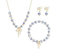 Hrtyvhin Hübsches blau weißes Porzellan Muster Keramik Schmuckset mit Schleife, elegantes Halsketten Armband für lässige und formelle Anlässe, Porzellan Perlenarmband