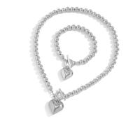Hrtyvhin Liebe Herz Anhänger Halskette Armband Set Runde Perlen Schmuck Elegante Kugel Perlenkette Mode Frauen Accessoires Alltagskleidung Halskette