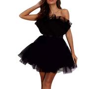 Hsternexy Damen Elegant Hochzeit, Ballkleid Kurz Schwarz Mesh Tüllrock Tanzkleid Puffy Sexy Schulterfrei Petticoat Kleid Weiß Feen Hochzeitsgast Festliches Kleid S