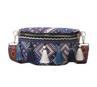 HSTWODE Bohemian Bauchtasche,Ethno Gürteltasche mit Quasten,Leichte Hüfttasche für Reisen und Festivals,Mehrfarbig, 24,5×16×18,5cm (Seeblau)