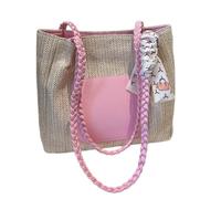 HSTWODE Geflochtene Stroh-Tasche für Damen, Große Strandtasche Sommer Tote Bag mit Seidentuch,Weiche Shopper Tasche zum Tragen,Handtasche für Alltag,Strand, Reisen,37×27×11cm. (Rosa)